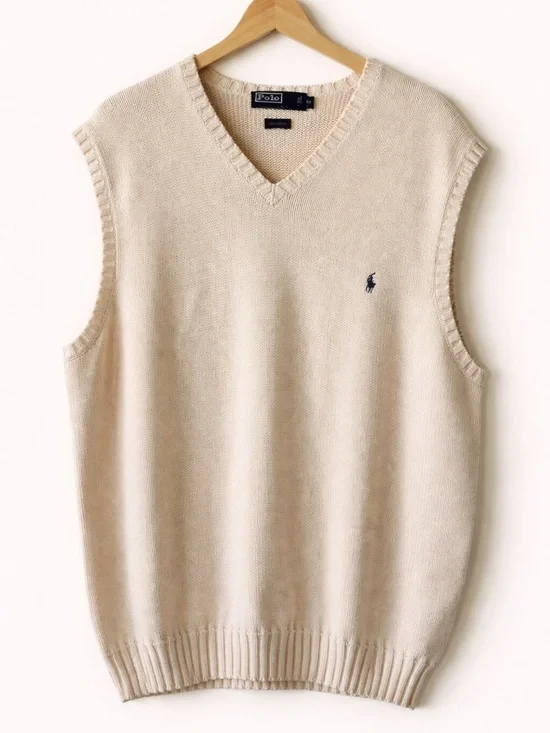 Polo Ralph Lauren Cream Cotton Sweater Vest XL V Neck Preppy Y2K - Picture 1 of 6